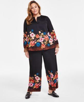 Plus Size Floral-Print Satin Top & Wide-Leg Pants, Created for Macy's Product Image