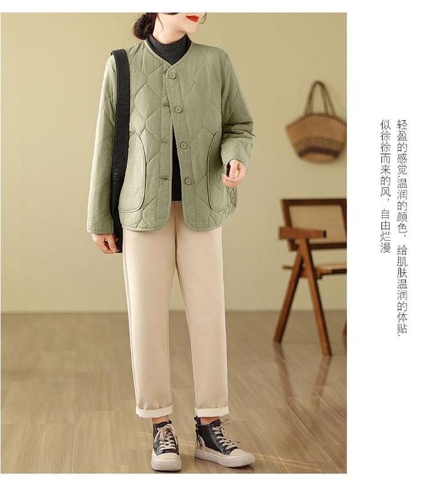 Crew Neck Plain Quilted Button-Up Jacket Product Image