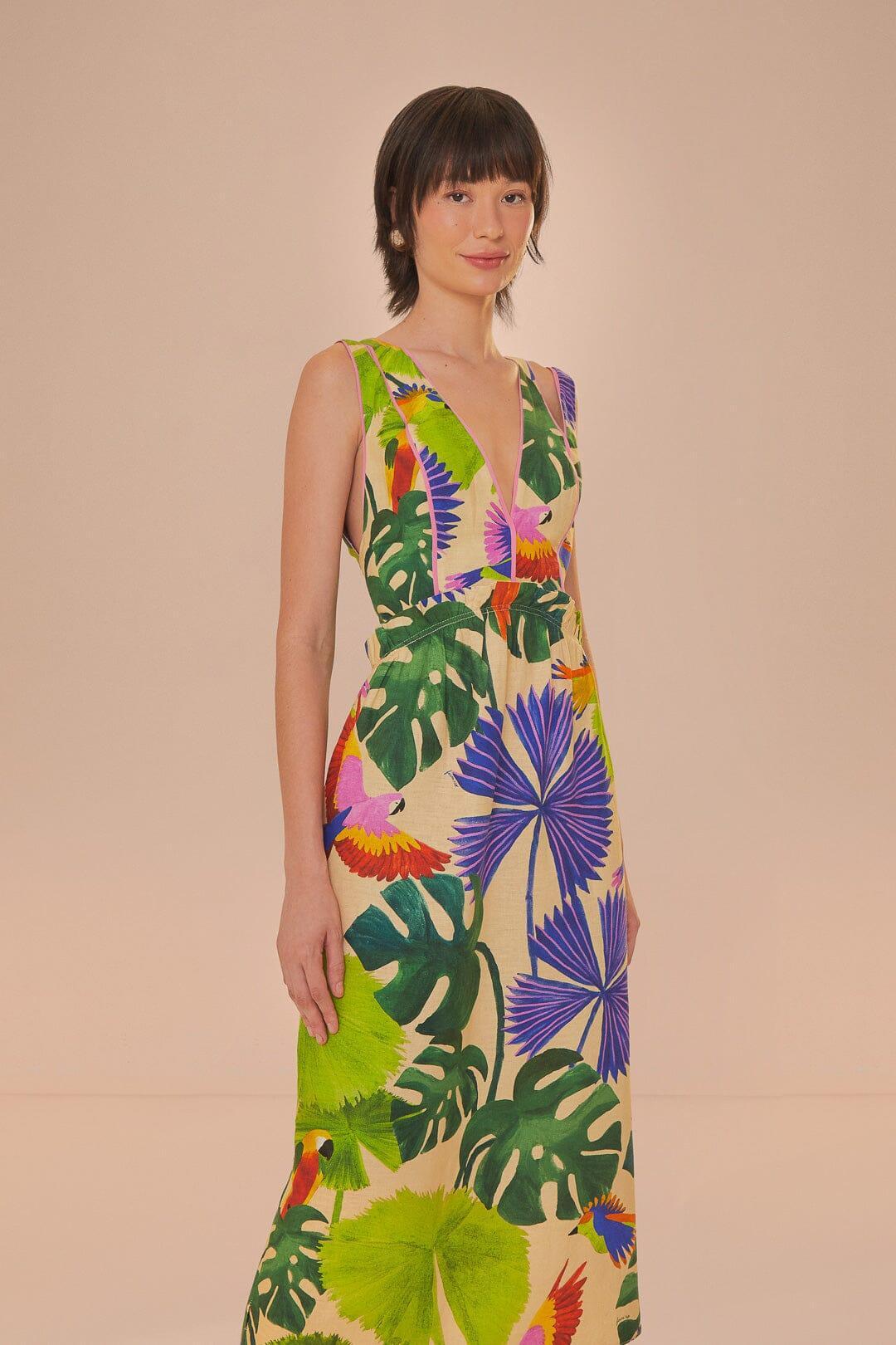 Sand Macaw Jungle V Neck Midi Dress Product Image