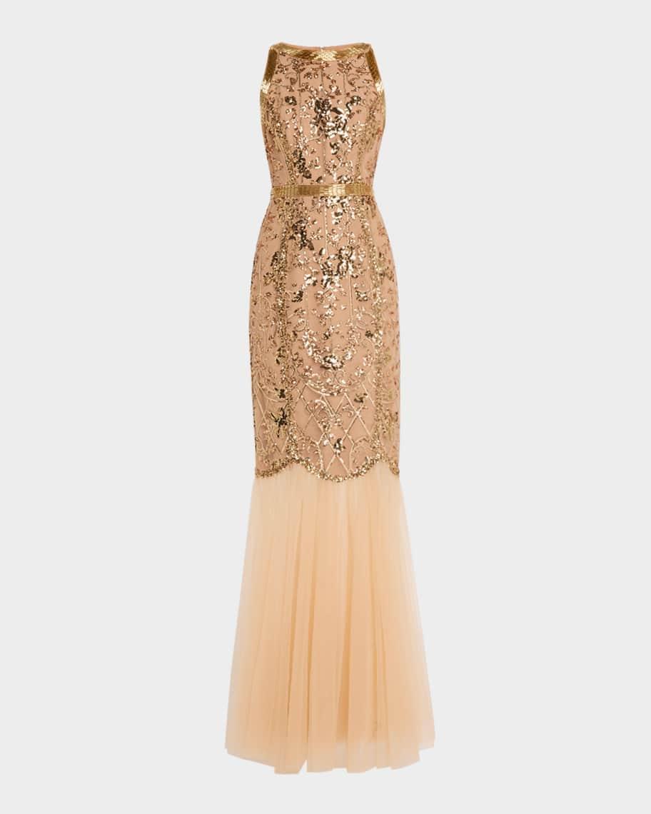 Sleeveless Bead & Sequin Column Gown Product Image