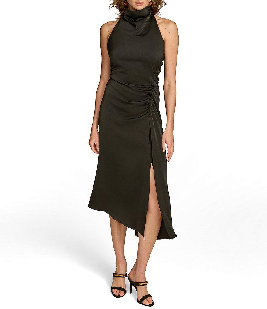 Donna Karan Satin Mock Neck Sleeveless Side Ruched Sheath Dress product image