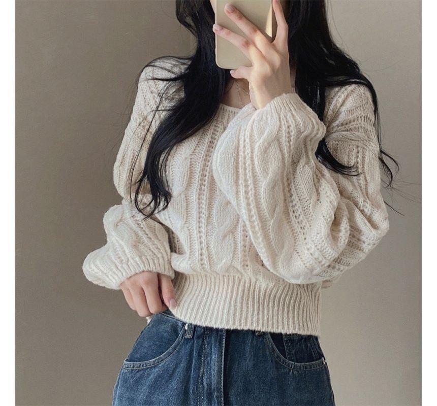 Square Neck Cable Knit Plain Crop Sweater Product Image