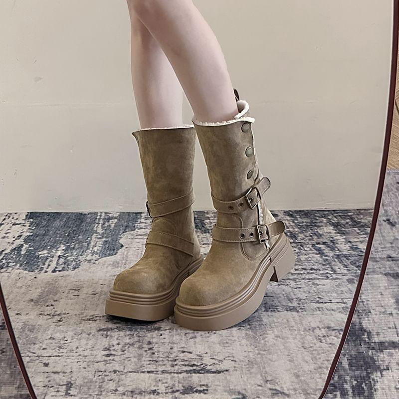 Faux Leather Platform Buckled Mid Calf Boots product image