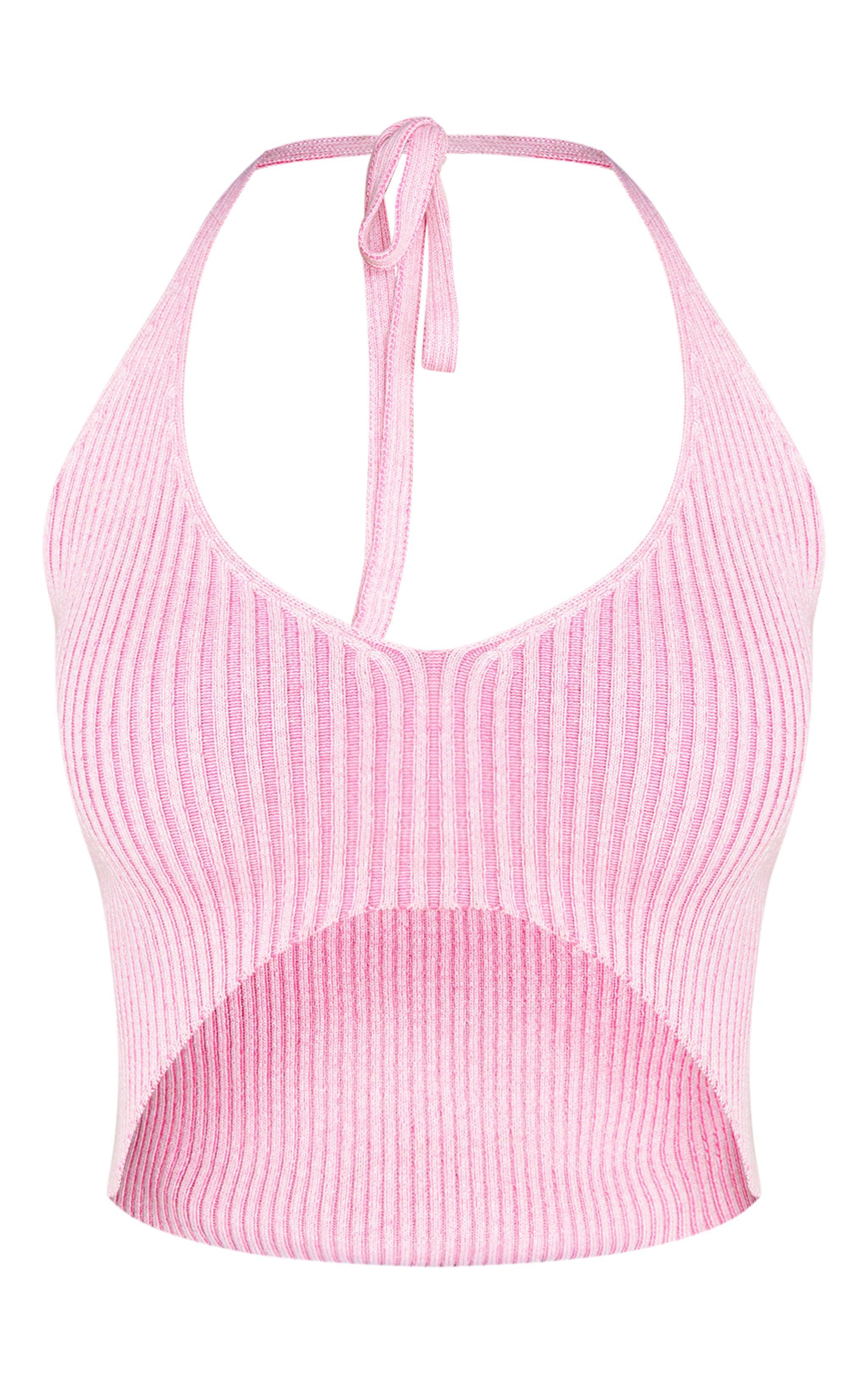 Pink Rib Knit Cut Out Halterneck Top Product Image