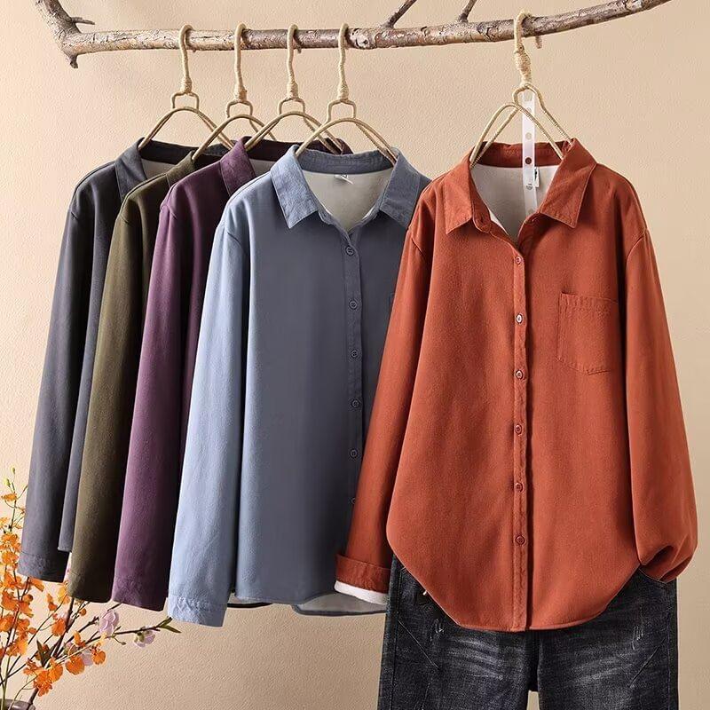 Plain Fleece-Lined Button-Up Shirt Product Image