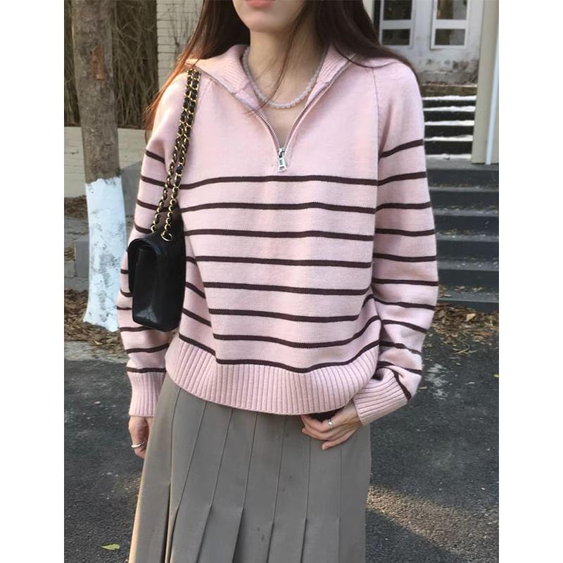 High Neck Half Zip Striped Sweater Product Image