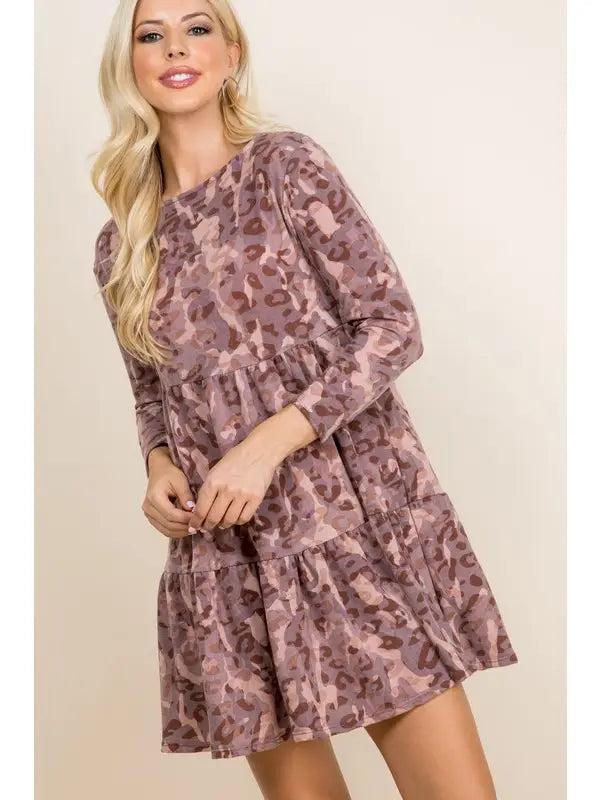 Animal Print Long Sleeve Babydoll Dress Female Product Image