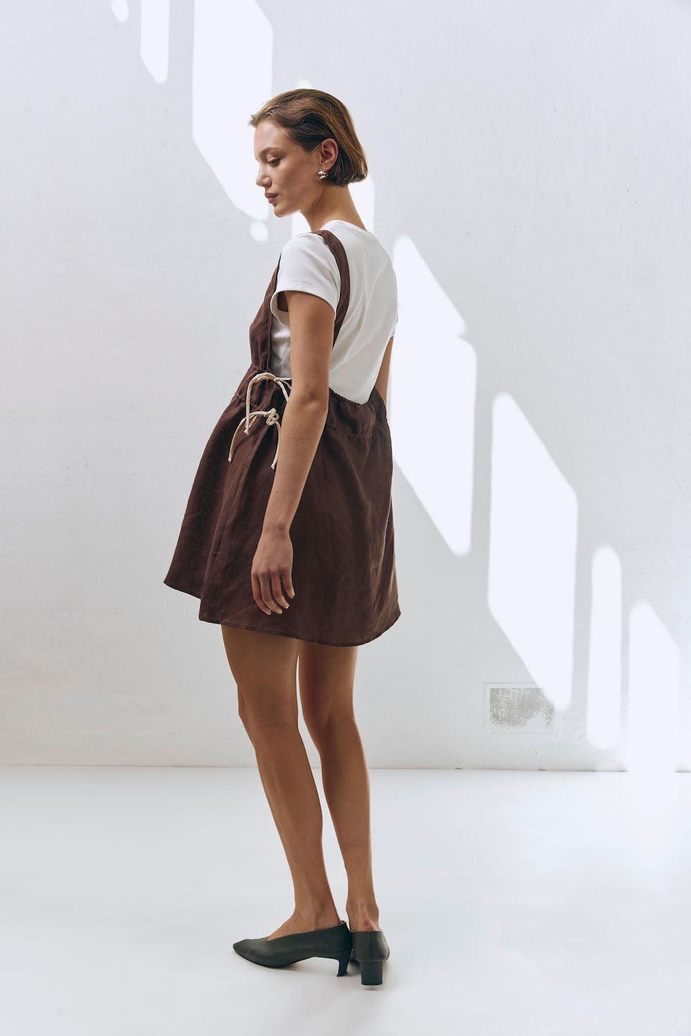 Paros Palms Linen Mini Dress Chocolate Product Image