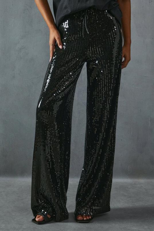 Sequin Mid Rise Elastic Waist Wide Leg Trouser Product Image