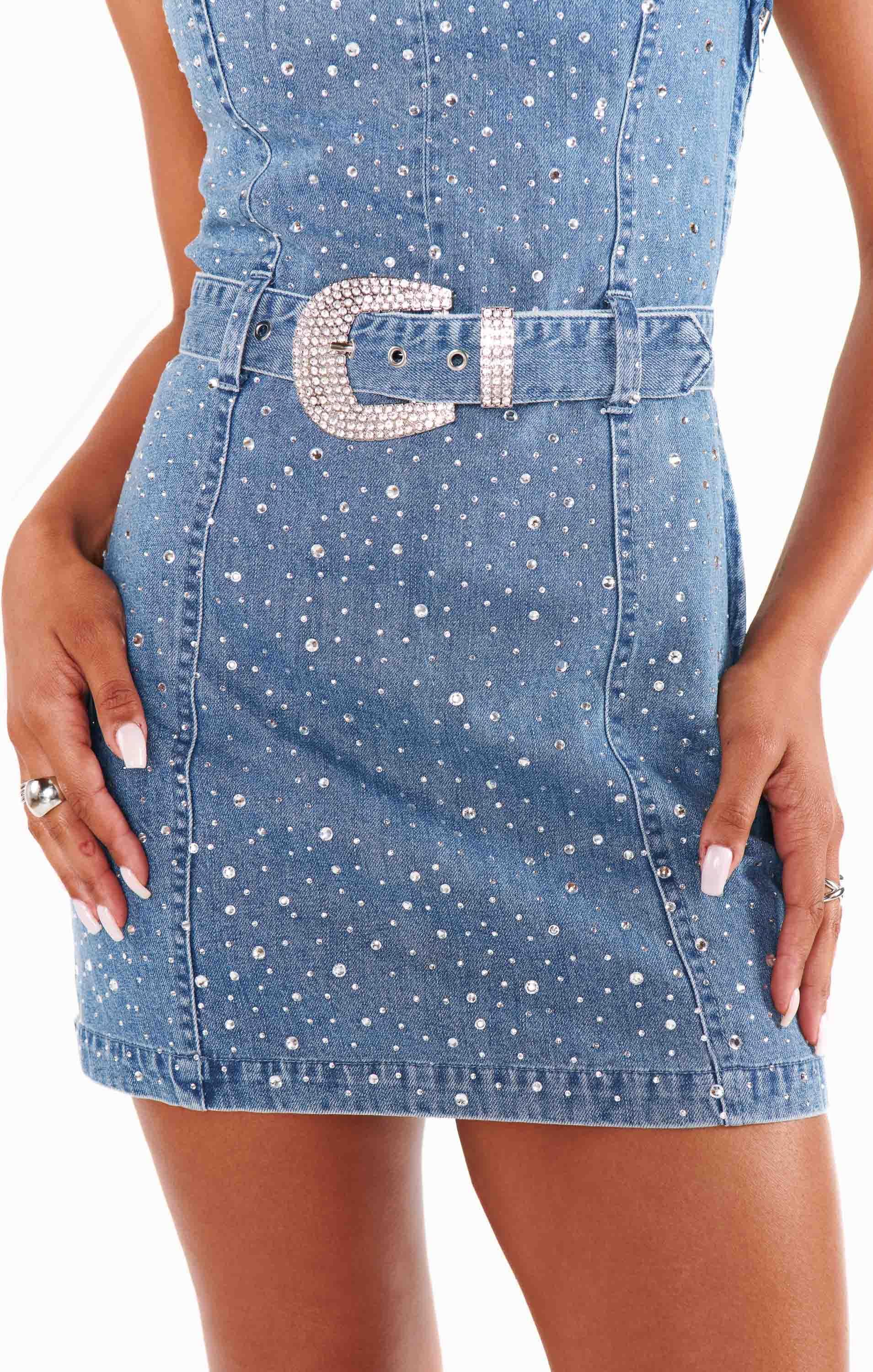 Vegas Mini Dress ~ Embellished Rhinestone Denim Product Image