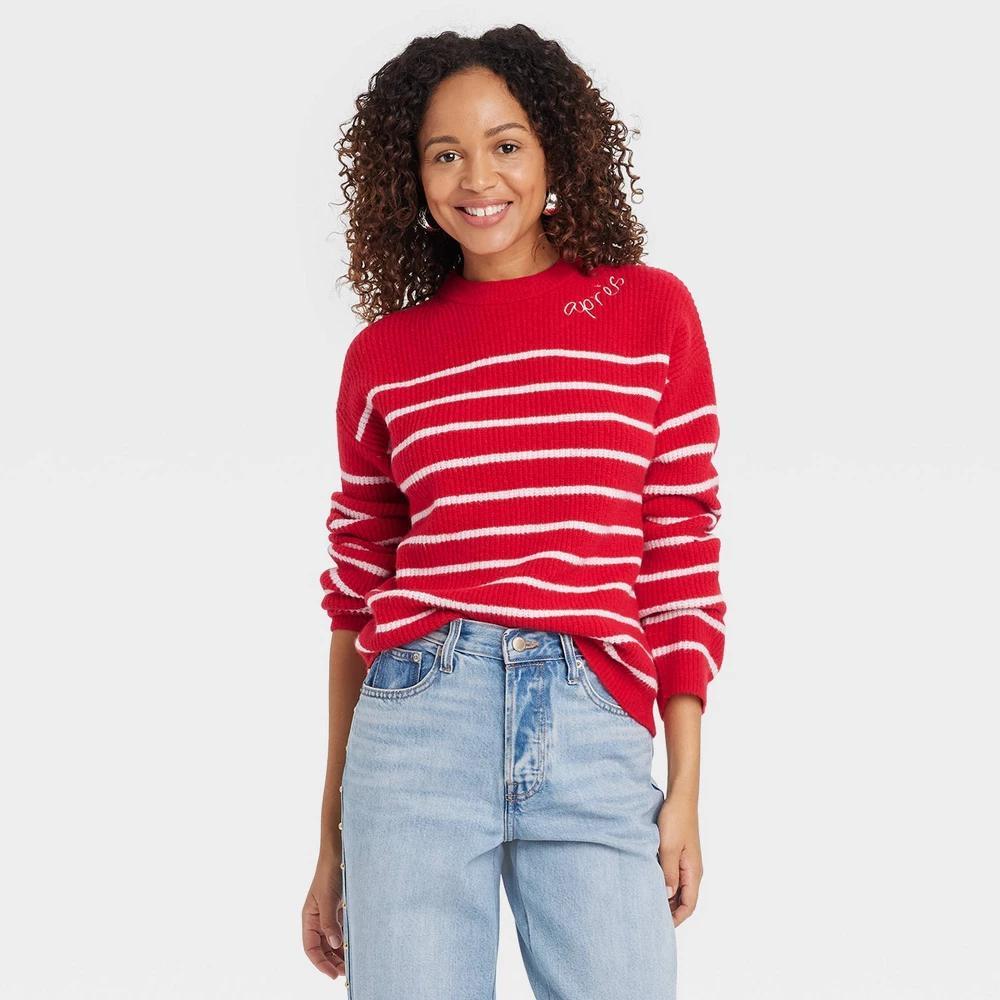 Womens Holiday Crewneck Pullover Sweater - A New Day Red Striped XL product image