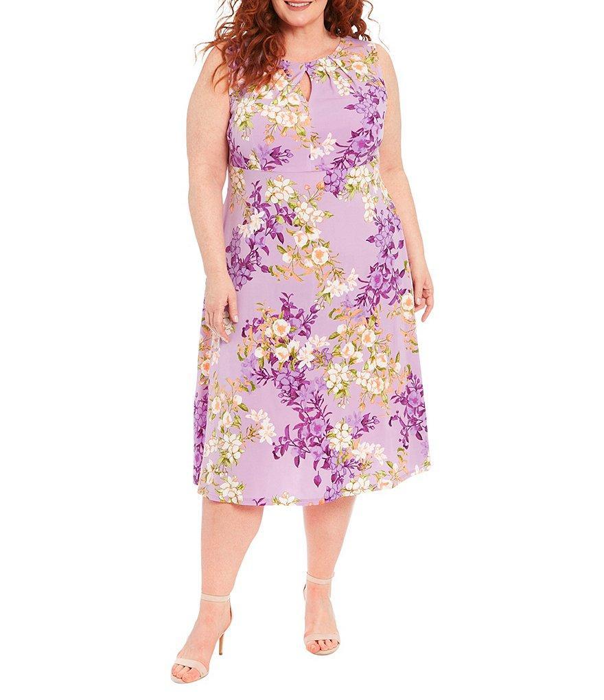 London Times Plus Size Floral Print Sleeveless Pleated Keyhole Neck Midi Dress Product Image