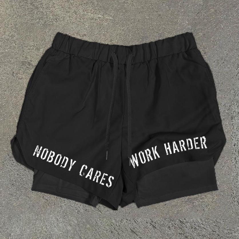 Sopula Vintage Nobody Cares Work Harder Graphic Performance Double Layer Quick Dry Shorts Product Image