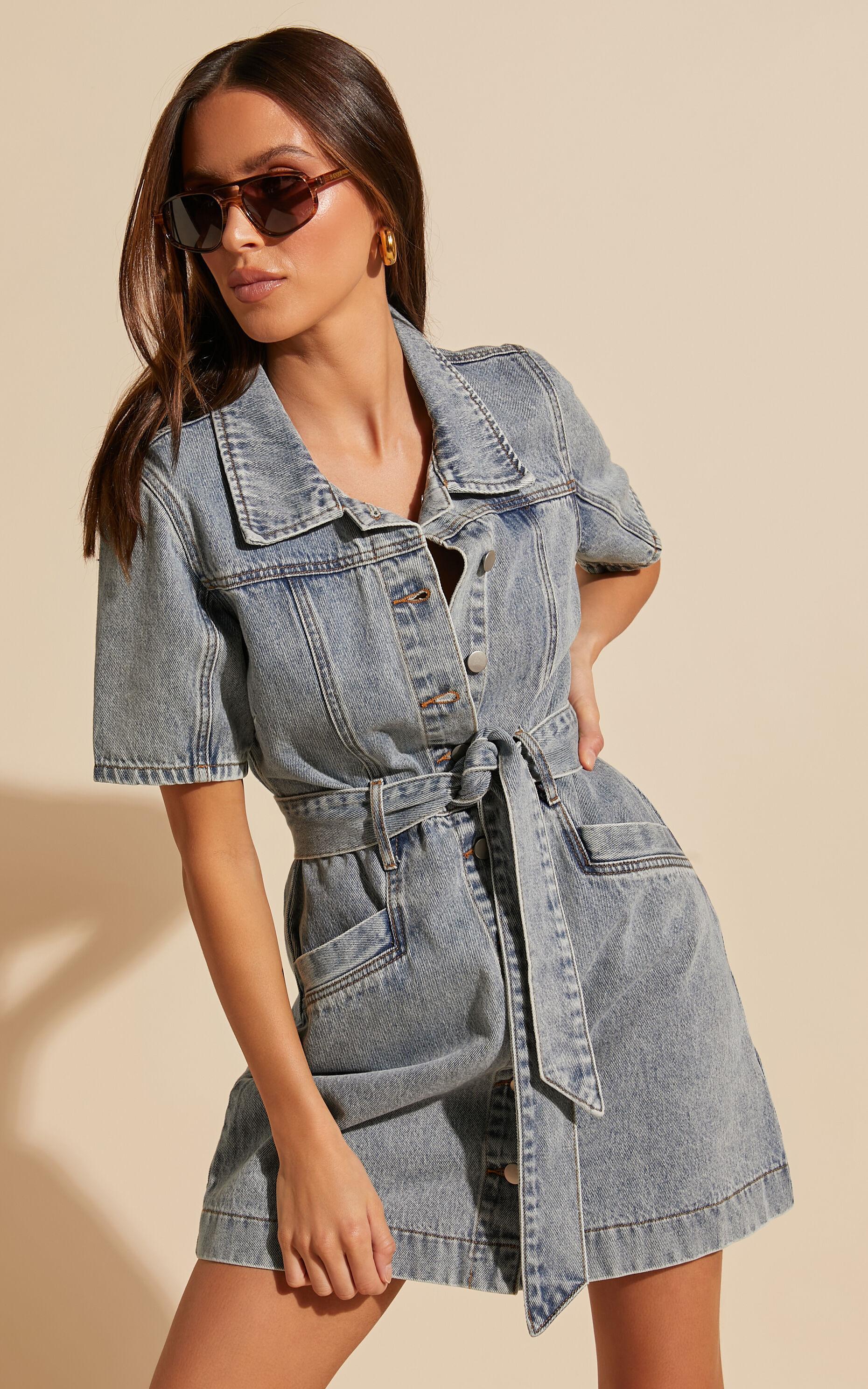 Aelicia Mini Dress - Button Through Denim Dress in Mid Blue Wash Product Image