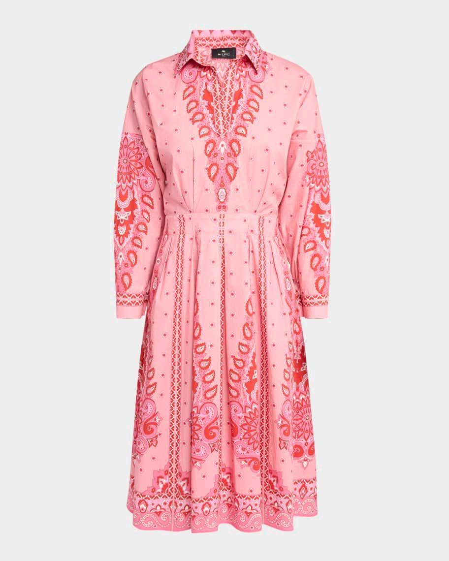 Pink Medallion Cotton Poplin Vneck Long Sleeve Dress Product Image