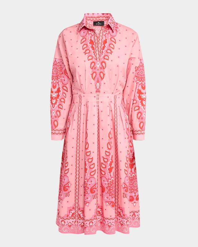 Pink Medallion Cotton Poplin Vneck Long Sleeve Dress Product Image