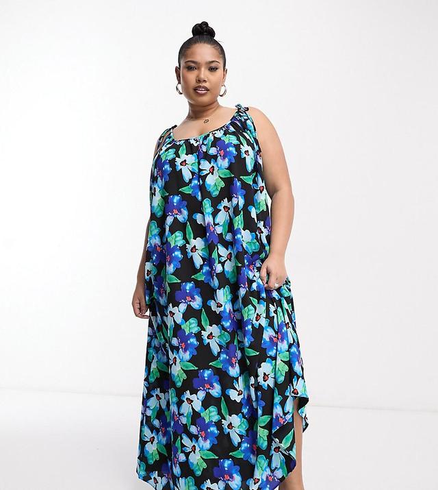 ASOS DESIGN Curve tie strap detail trapeze maxi slip dress in blue floral print Product Image