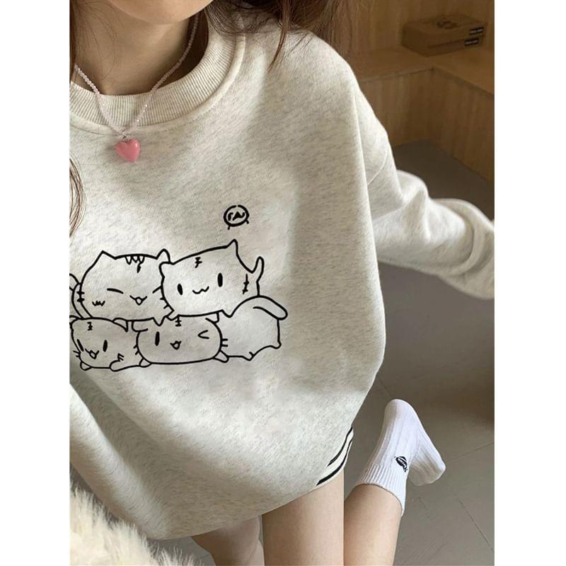 Long-Sleeve Crew Neck Cat Print Pullover Product Image