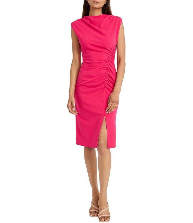 Donna Morgan Scuba Crepe Cowl Neck Sleeveless Ruched Side Side Slit Dress Product Image