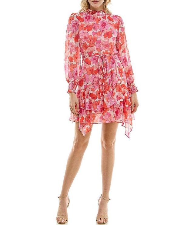 Maison Tara Long Sleeve Mock Neck Tiered Ruffle Skirt Tie Waist Floral Dress Product Image