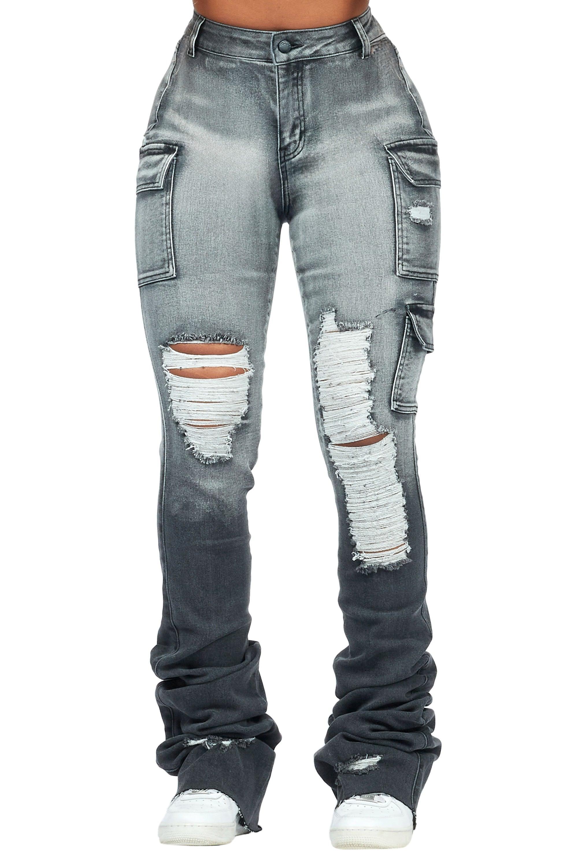 Vixen Grey Wash Distressed Cargo Super Stacked Jean Female Product Image