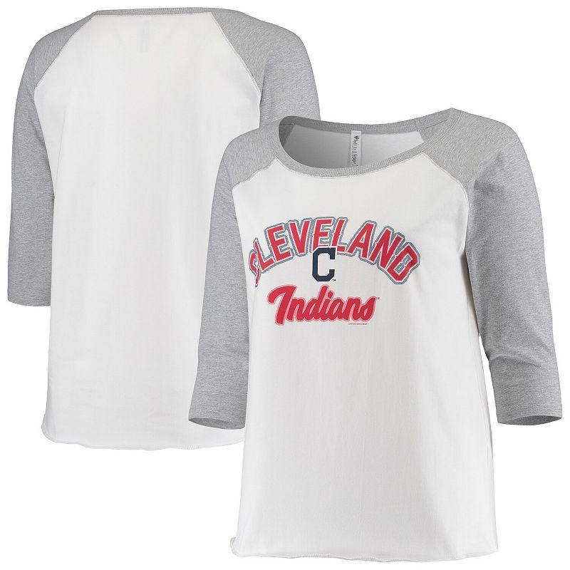 Womens Soft as a Grape White/Heathered Gray Cleveland Indians Plus Size Baseball Raglan 3/4-Sleeve T-Shirt Product Image