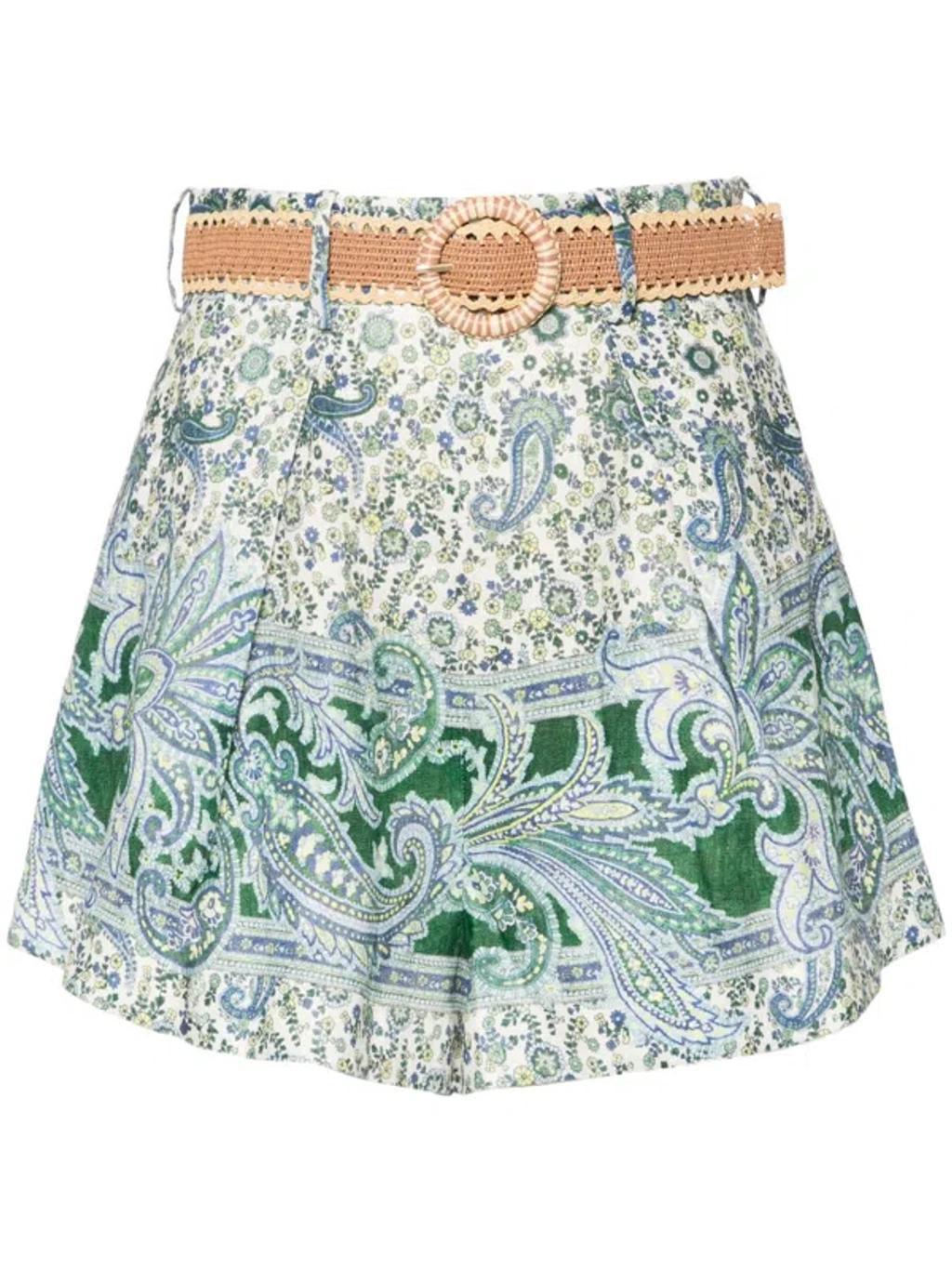 Paisley Print Linen Shorts In Green Product Image