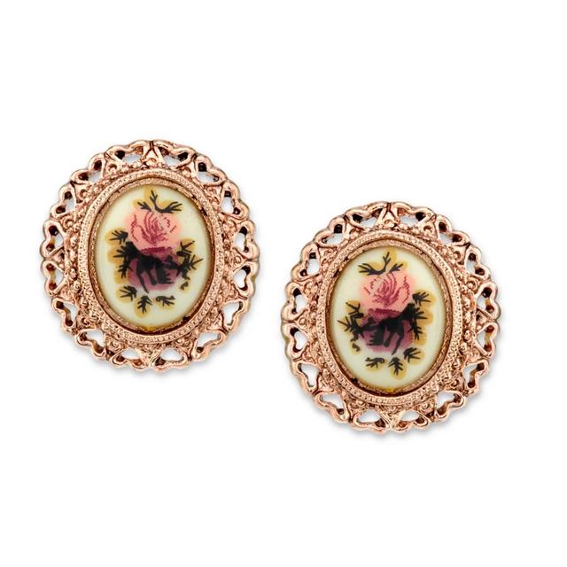 1928 Flower & Heart Button Stud Earrings, Womens, Pink Product Image