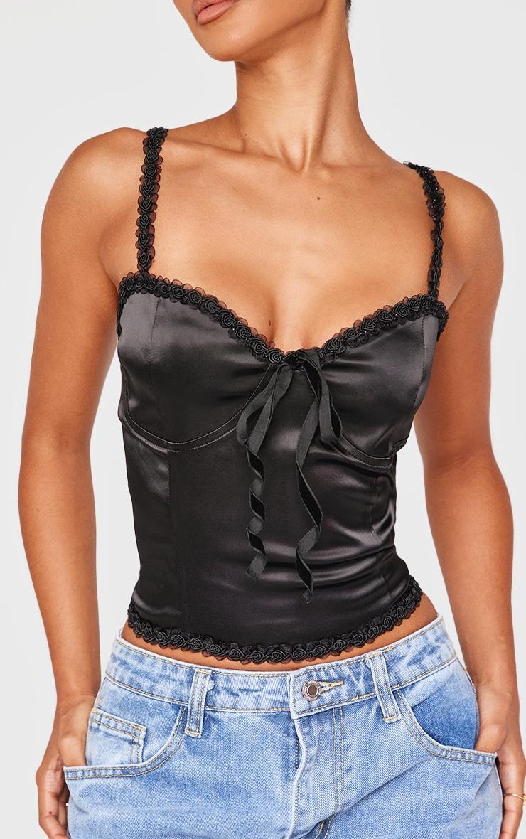 Petite Black Satin Rose Trim Detail Corset Top Product Image