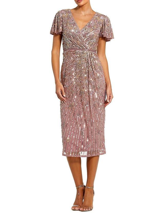 Womens Cocktail Beaded Faux Wrap Midi-Dress Product Image