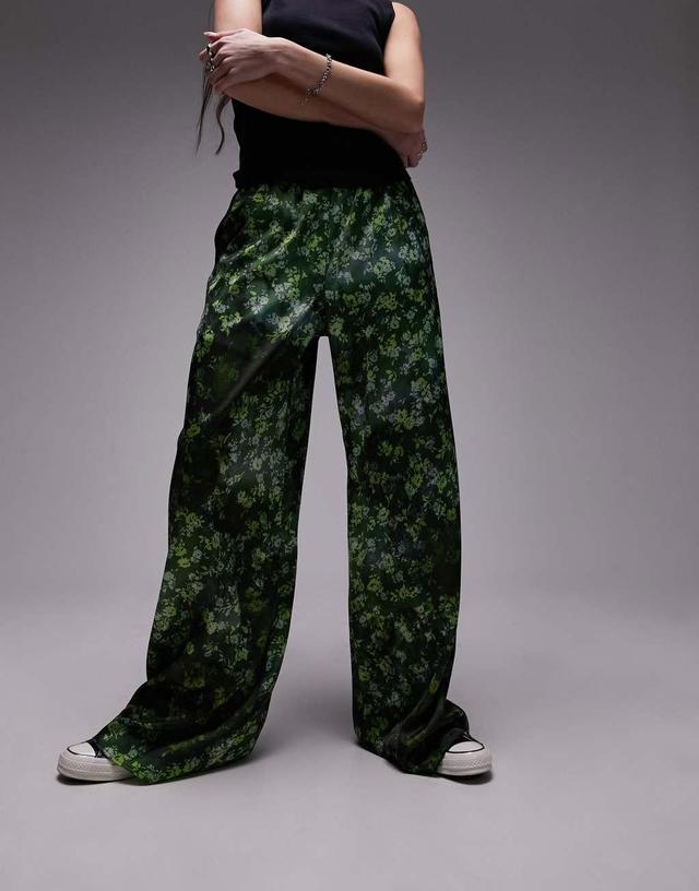 Topshop satin print wide leg pull on pants in green Product Image