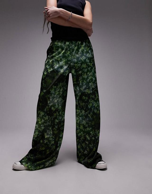 Topshop satin print wide leg pull on pants Product Image