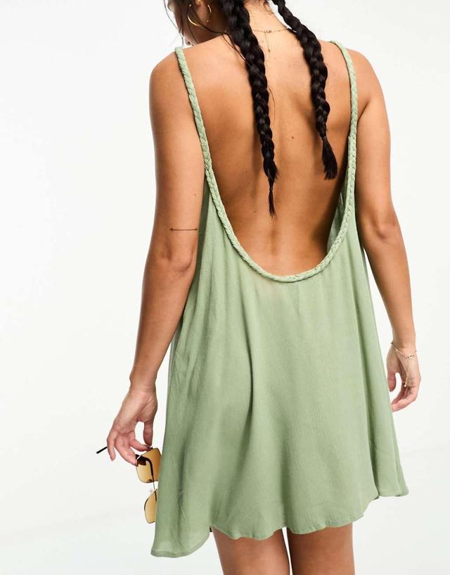 ASOS DESIGN braid detail crinkle beach swing dress in khaki Product Image