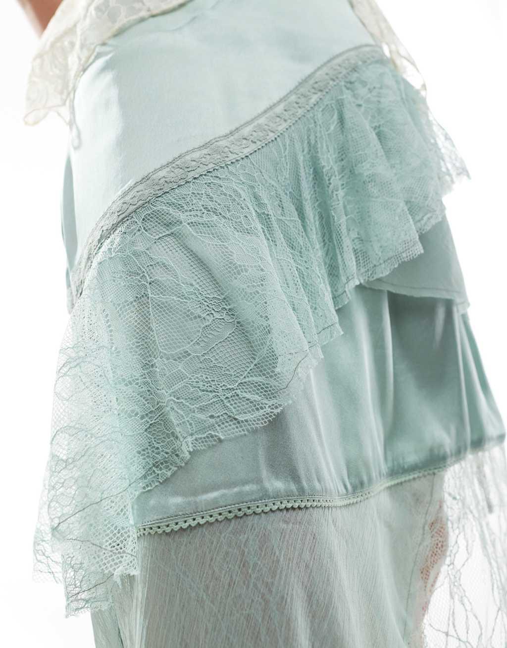 Reclaimed Vintage limited edition midi slip skirt with lace and frill details in mint green Product Image