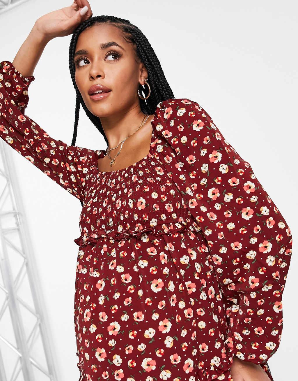 Missguided Maternity floral tiered midaxi dress in burgundy Product Image