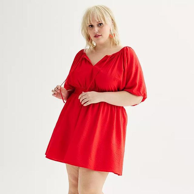 Plus Size Nine West Puff Sleeve Tie V-Neck Cinched Waist Mini Dress, Womens Product Image