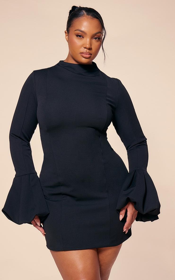 PLT Label Plus Black High Neck Puff Sleeve Bodycon Dress Product Image