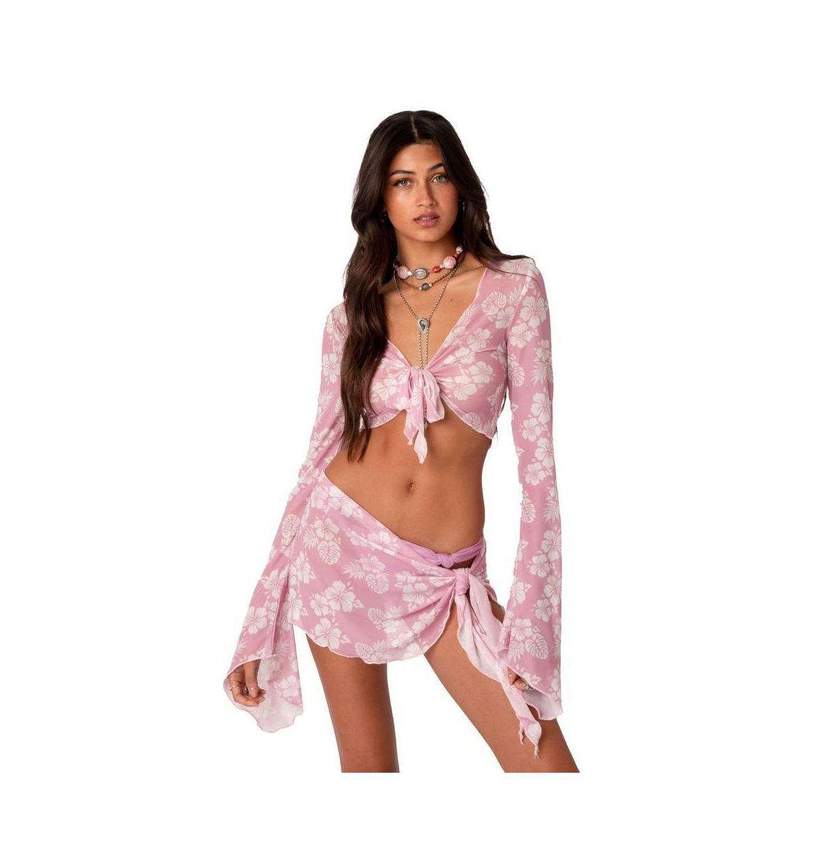 EDIKTED Hibiscus Print Tie Front Mesh Cover-Up Crop Top Product Image