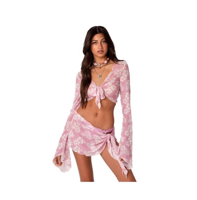 EDIKTED Hibiscus Print Tie Front Mesh Cover-Up Crop Top Product Image