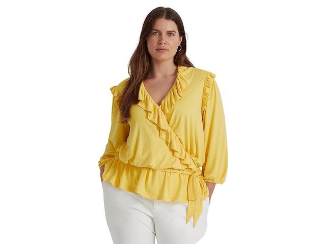 Lauren Ralph Lauren Plus Size Jersey Belted Peplum Top (Sunfish Yellow) Women's Clothing Product Image