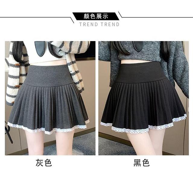 High Waistline Pleated Lace Trim Mini A-Line Skirt Product Image