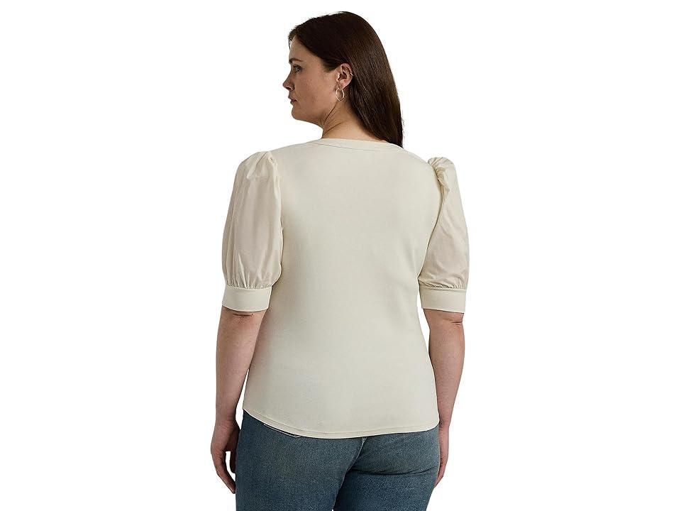 LAUREN Ralph Lauren Plus Size Lace-Up Stretch Cotton Puff-Sleeve Top (Mascarpone Cream) Women's Clothing Product Image