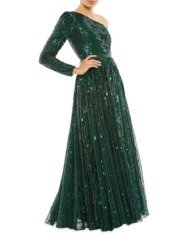 Mac Duggal Sequin One-Shoulder Single Long Sleeve Gown Product Image