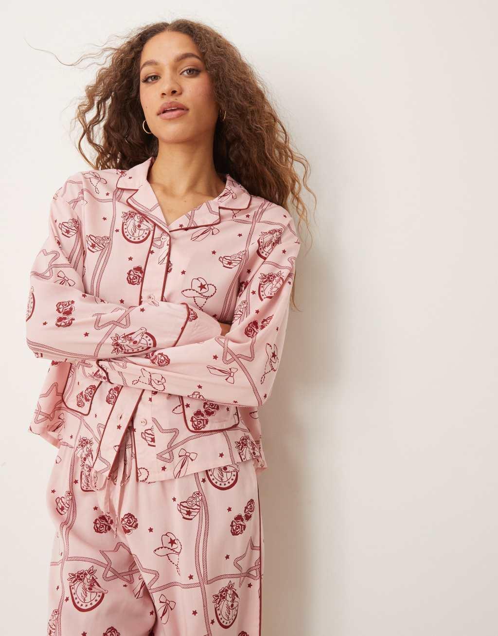 ASOS DESIGN rodeo print modal pajama shirt and wide leg pants set in pink Product Image