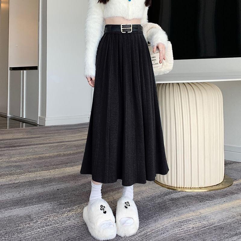 High Waist Plain Accordion Pleated Knit Maxi A-Line Skirt Product Image