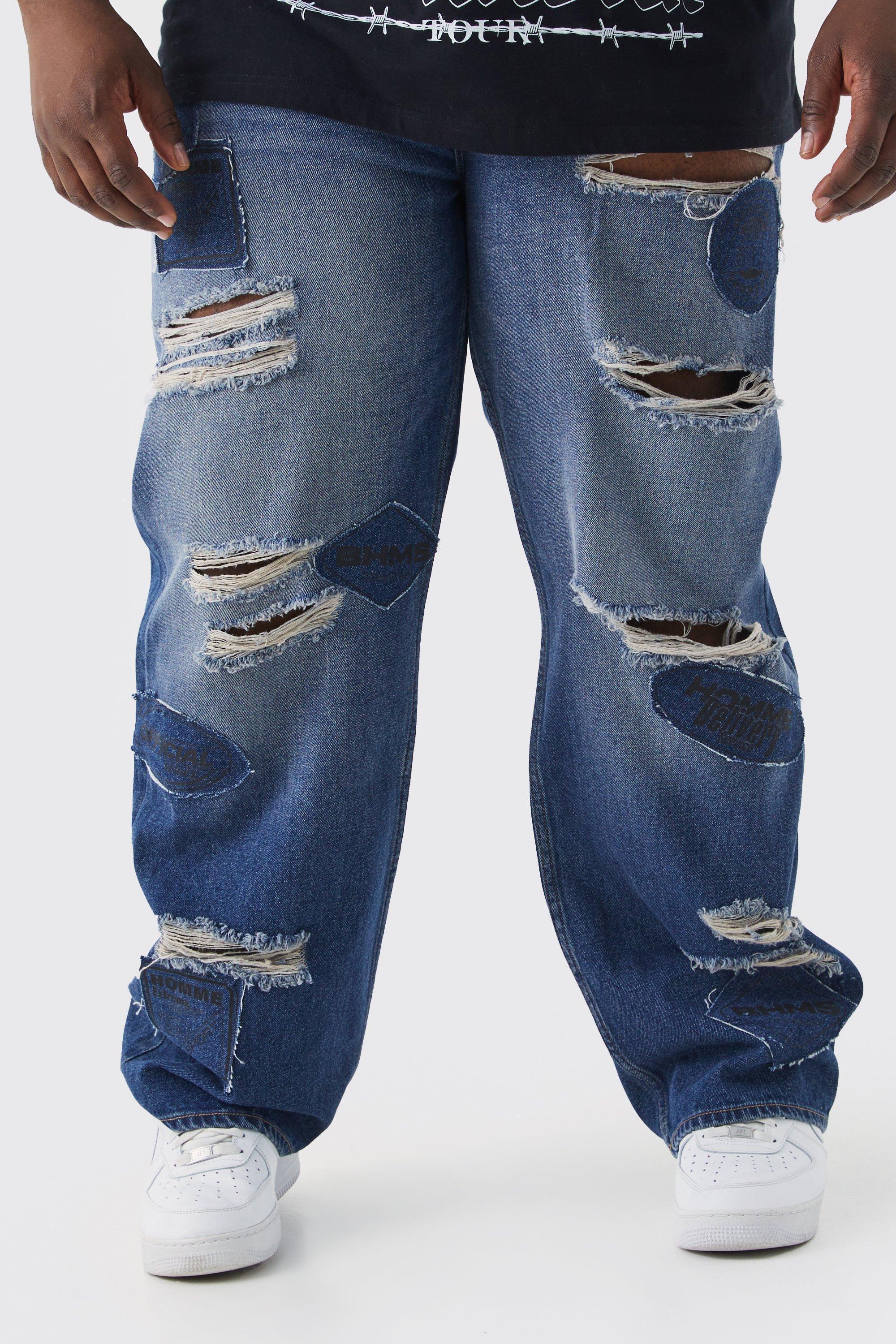 Plus Relaxed Rigid Applique Ripped Jeans | boohooMAN USA Product Image