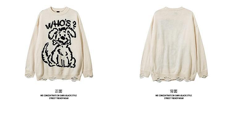 Long-Sleeve Round Neck Dog Print Distressed Sweater Product Image