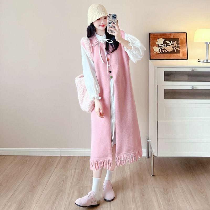 Maternity Sleeveless Slit Hem Pom Pom Knit Maxi A-Line Dress / Long-Sleeve Plain Shirt Dress Product Image