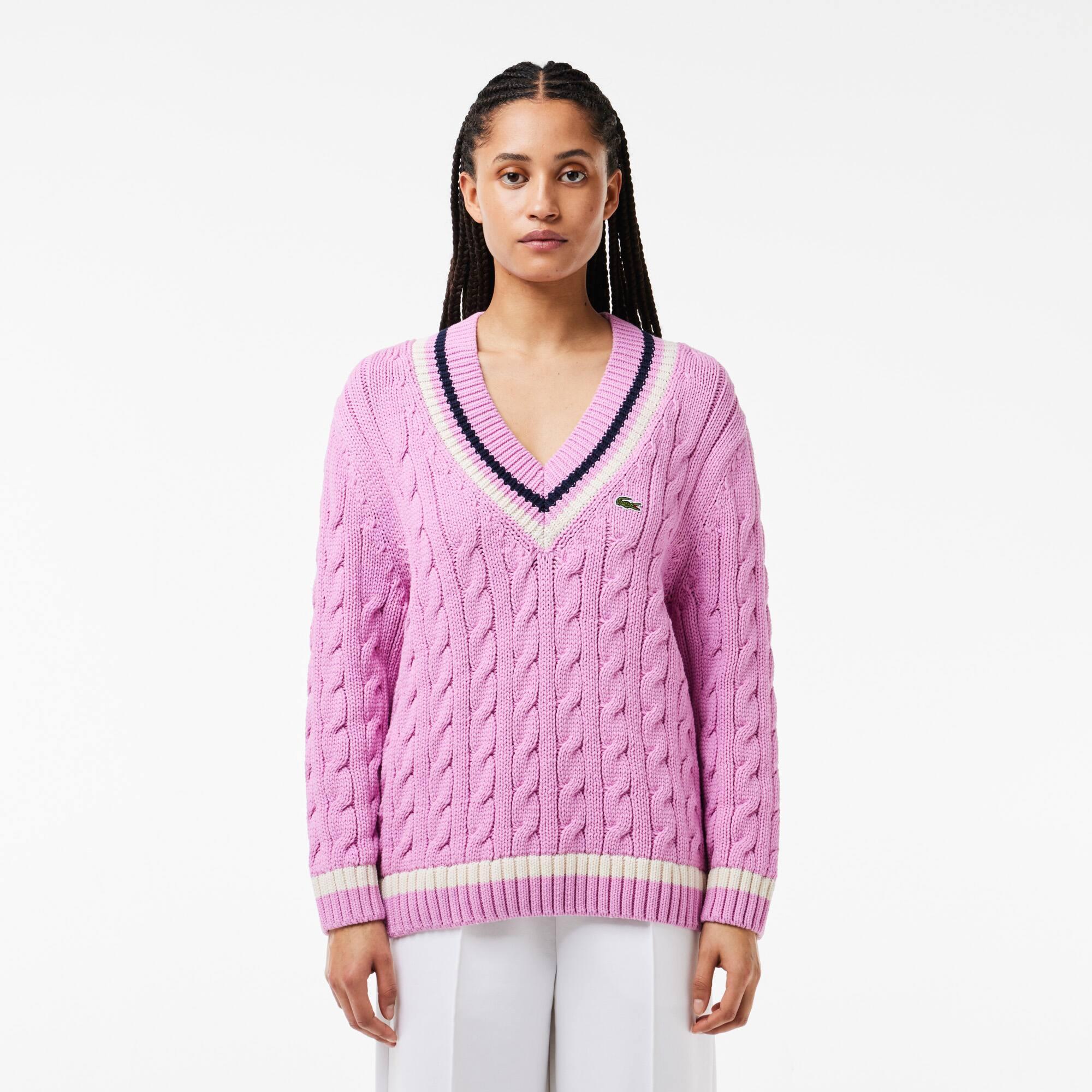 V Neck Cable Knit Cotton Tennis Sweater Product Image