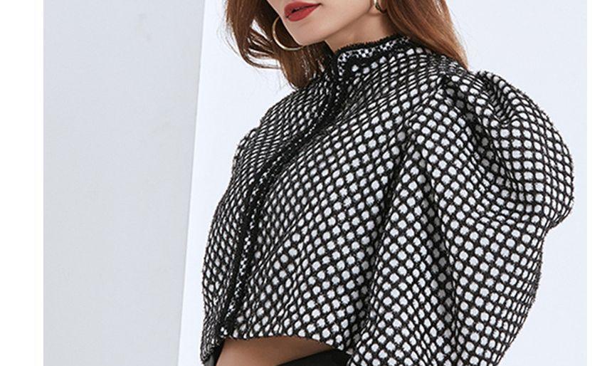 Puff-Sleeve Argyle Print Crop Button-Up Top Product Image